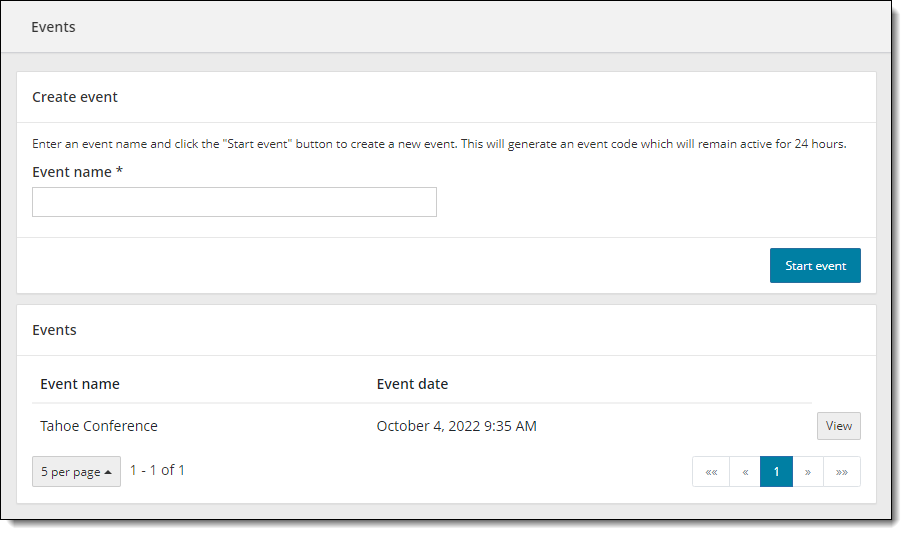 Event created and listed on the Events dashboard.